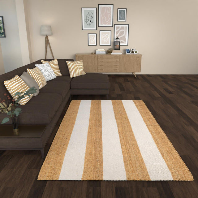 Tan Sand 5' 1 x 8' Jill Zarin Hamptons Rectangle Area Rug Jute & Wool With Cotton Backing All Natural Striped Design Coastal Hand Woven Carpet for Sale at Rug Engine