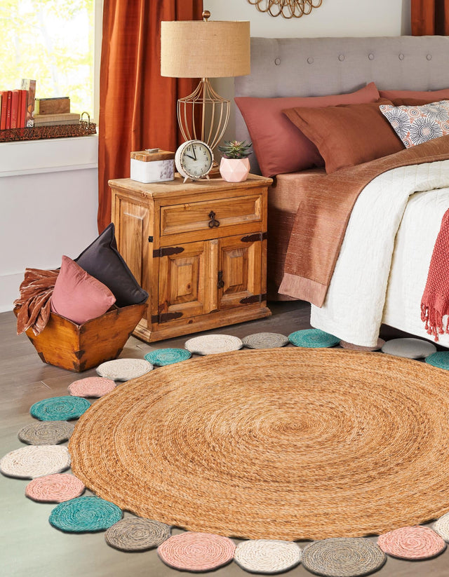 Multicolor 6' 1 x 6' 1 Braided Jute Round Area Rug 100% Jute Hand Braided Natural Eco-Friendly Boho Style Carpet for Living Rooms Dining Office Space Dorms for Sale at Rug Engine