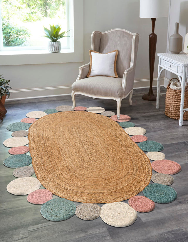 Multicolor 7' 10 x 10' Braided Jute Oval Area Rug 100% Jute Hand Braided Natural Eco-Friendly Boho Style Carpet for Living Rooms Dining Office Space Dorms for Sale at Rug Engine