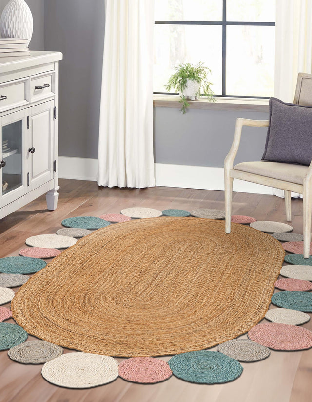 Multicolor 7' 10 x 10' Braided Jute Oval Area Rug 100% Jute Hand Braided Natural Eco-Friendly Boho Style Carpet for Living Rooms Dining Office Space Dorms for Sale at Rug Engine
