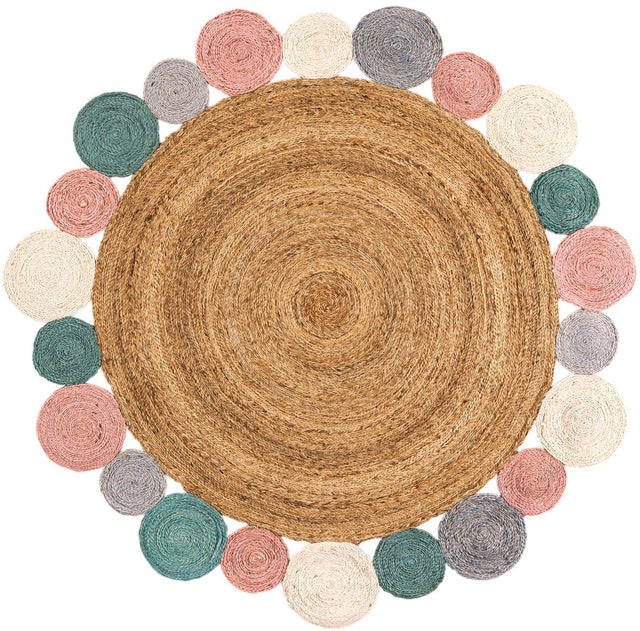 Multicolor 6' 1 x 6' 1 Braided Jute Round Area Rug 100% Jute Hand Braided Natural Eco-Friendly Boho Style Carpet for Living Rooms Dining Office Space Dorms for Sale at Rug Engine