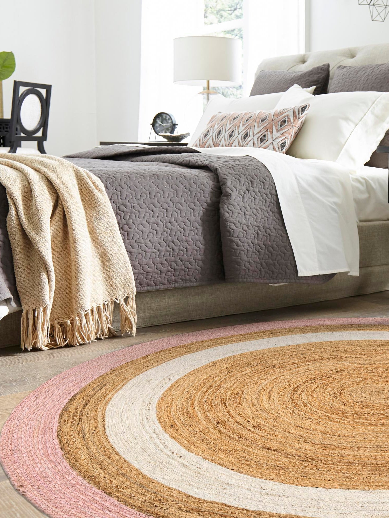 Pink White Natural 3' 1 x 3' 1 Braided Jute Round Area Rug 100% Jute Hand Braided Natural Eco-Friendly Boho Style Carpet for Living Rooms Dining Office Space Dorms for Sale at Rug Engine