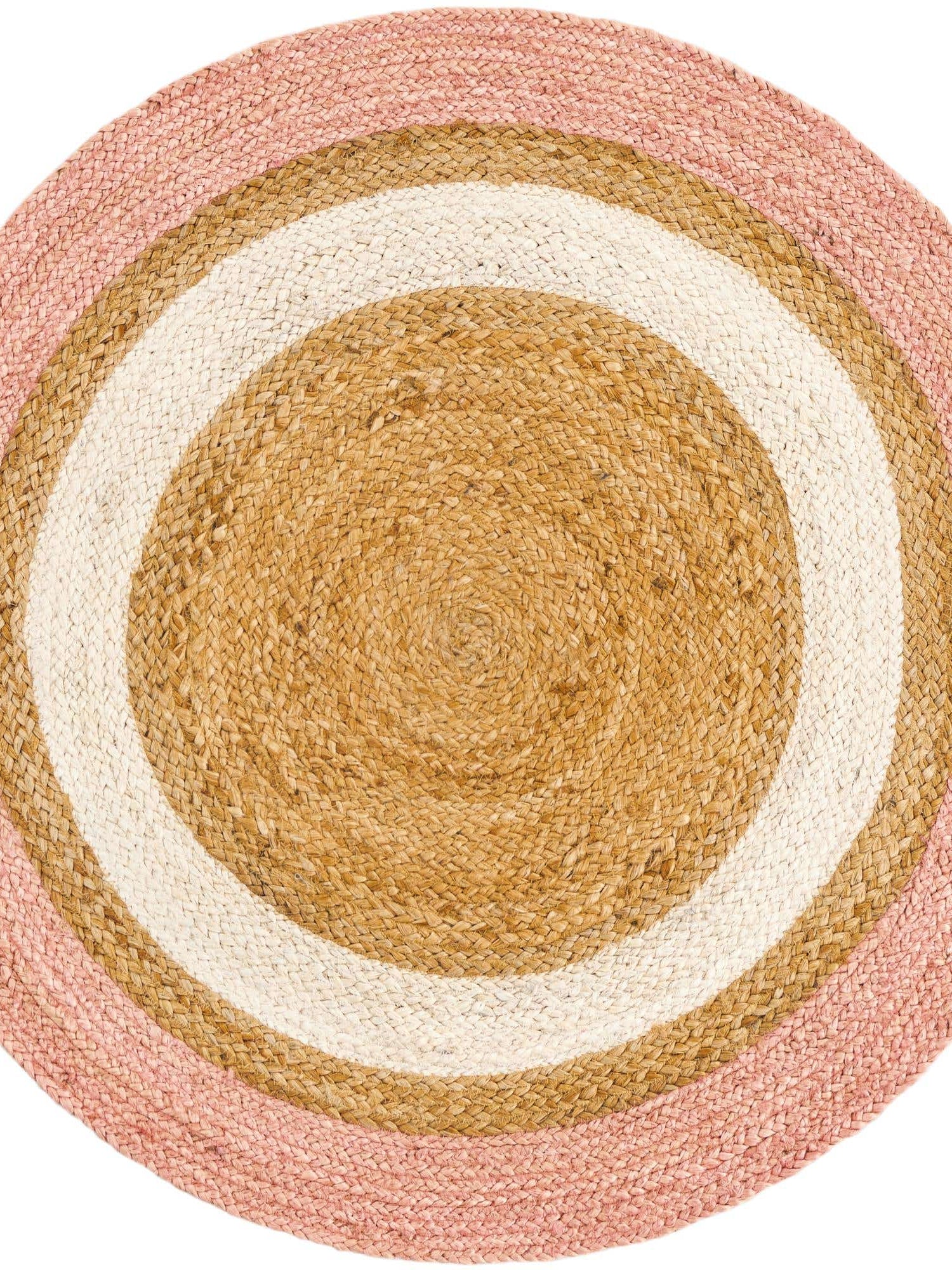 Pink White Natural 3' 1 x 3' 1 Braided Jute Round Area Rug 100% Jute Hand Braided Natural Eco-Friendly Boho Style Carpet for Living Rooms Dining Office Space Dorms for Sale at Rug Engine