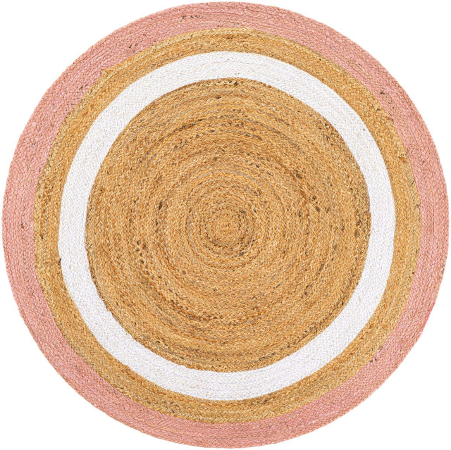 Pink White Natural 4' 1 x 4' 1 Braided Jute Round Area Rug 100% Jute Hand Braided Natural Eco-Friendly Boho Style Carpet for Living Rooms Dining Office Space Dorms for Sale at Rug Engine