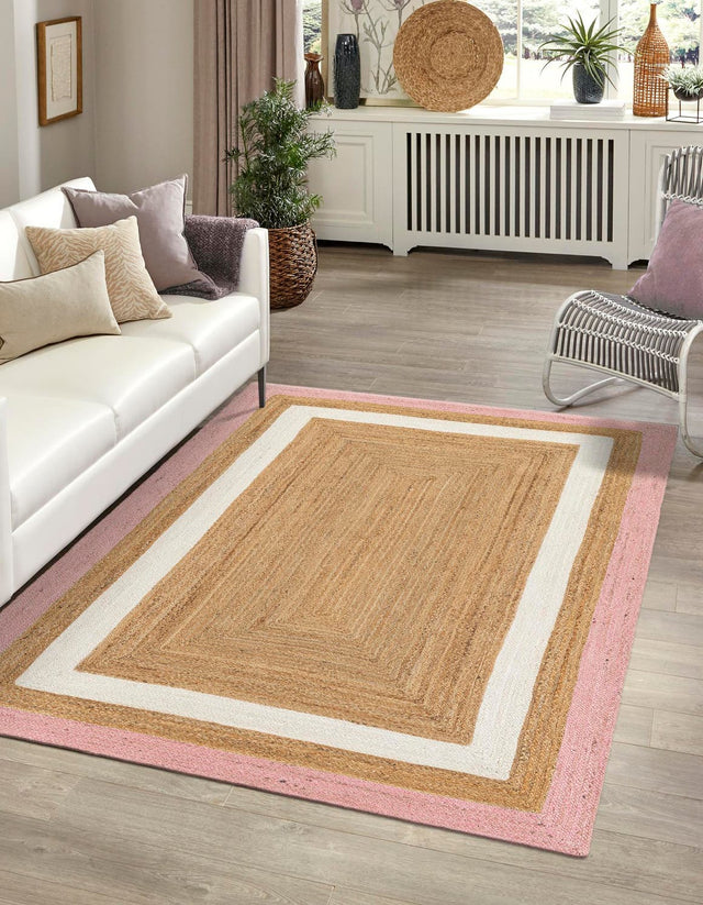 Pink White Natural 4' 1 x 6' 1 Braided Jute Rectangle Area Rug 100% Jute Hand Braided Natural Eco-Friendly Boho Style Carpet for Living Rooms Dining Office Space Dorms for Sale at Rug Engine