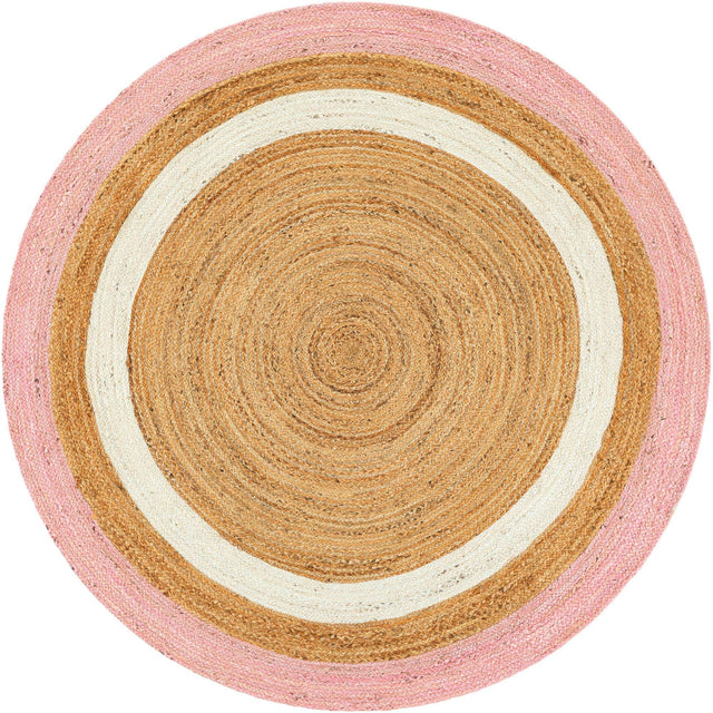 Pink White Natural 6' 1 x 6' 1 Braided Jute Round Area Rug 100% Jute Hand Braided Natural Eco-Friendly Boho Style Carpet for Living Rooms Dining Office Space Dorms for Sale at Rug Engine