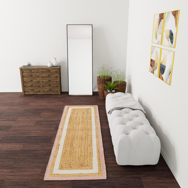 Pink White Natural 2' 7 x 12' Braided Jute Runner Area Rug 100% Jute Hand Braided Natural Eco-Friendly Boho Style Carpet for Living Rooms Dining Office Space Dorms for Sale at Rug Engine