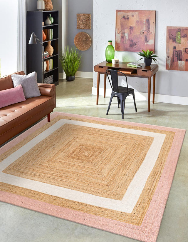 Pink White Natural 7' 10 x 7' 10 Braided Jute Square Area Rug 100% Jute Hand Braided Natural Eco-Friendly Boho Style Carpet for Living Rooms Dining Office Space Dorms for Sale at Rug Engine
