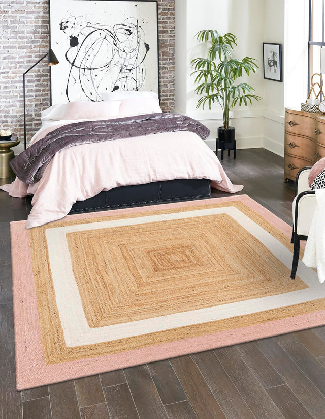 Pink White Natural 7' 10 x 7' 10 Braided Jute Square Area Rug 100% Jute Hand Braided Natural Eco-Friendly Boho Style Carpet for Living Rooms Dining Office Space Dorms for Sale at Rug Engine