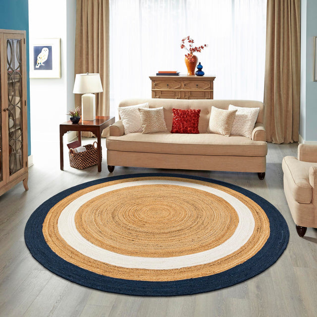 Navy Blue White Natural 4' 1 x 4' 1 Braided Jute Round Area Rug 100% Jute Hand Braided Natural Eco-Friendly Boho Style Carpet for Living Rooms Dining Office Space Dorms for Sale at Rug Engine