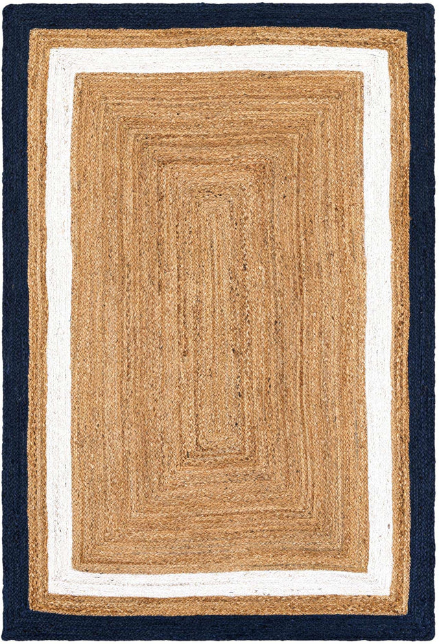 Navy Blue White Natural 4' 1 x 6' 1 Braided Jute Rectangle Area Rug 100% Jute Hand Braided Natural Eco-Friendly Boho Style Carpet for Living Rooms Dining Office Space Dorms for Sale at Rug Engine
