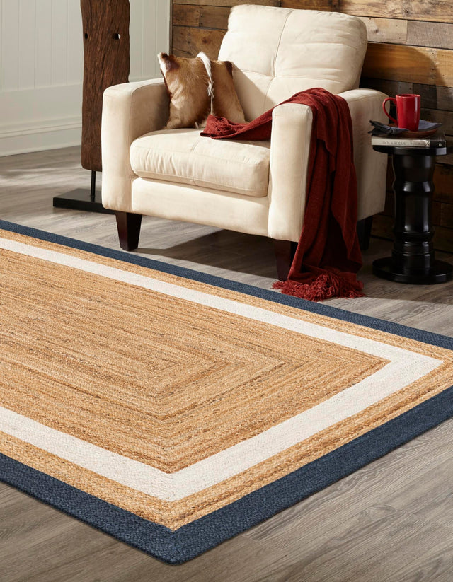 Navy Blue White Natural 6' 1 x 9' Braided Jute Rectangle Area Rug 100% Jute Hand Braided Natural Eco-Friendly Boho Style Carpet for Living Rooms Dining Office Space Dorms for Sale at Rug Engine