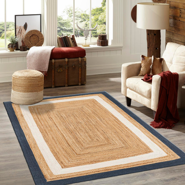 Navy Blue White Natural 7' 10 x 10' Braided Jute Rectangle Area Rug 100% Jute Hand Braided Natural Eco-Friendly Boho Style Carpet for Living Rooms Dining Office Space Dorms for Sale at Rug Engine