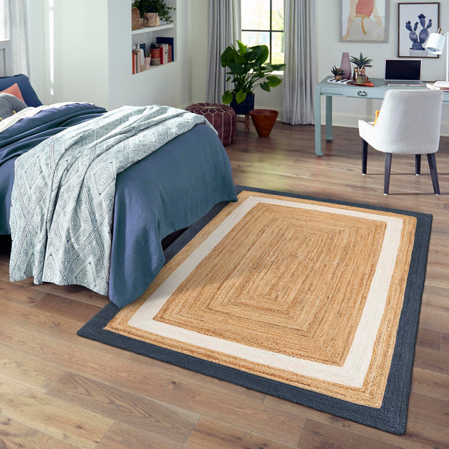 Navy Blue White Natural 7' 10 x 10' Braided Jute Rectangle Area Rug 100% Jute Hand Braided Natural Eco-Friendly Boho Style Carpet for Living Rooms Dining Office Space Dorms for Sale at Rug Engine