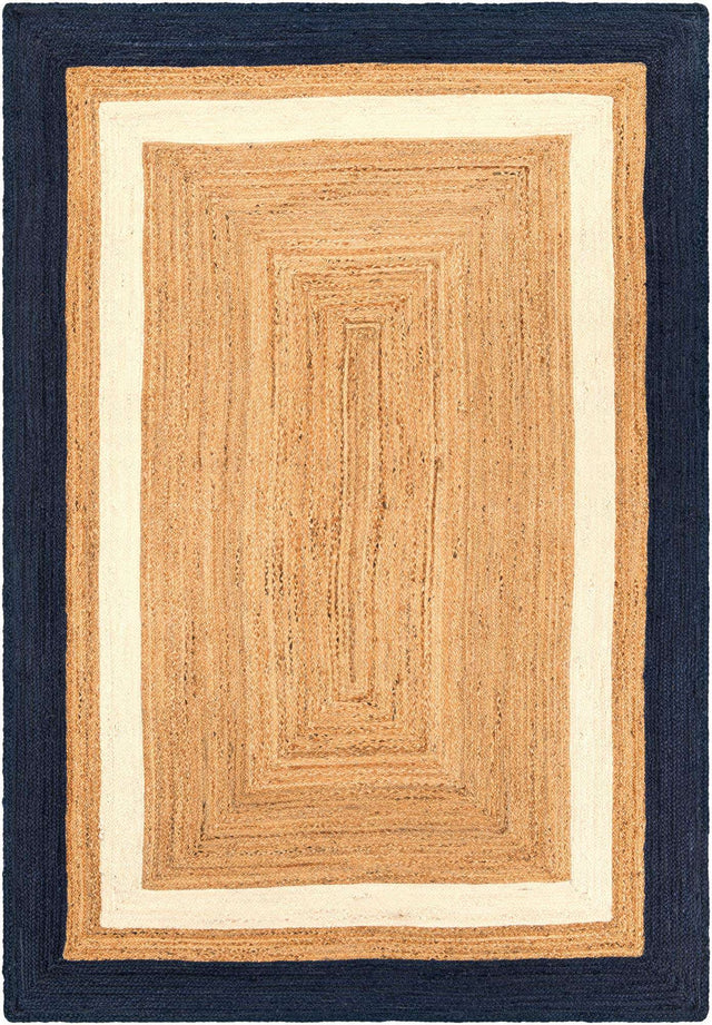Navy Blue White Natural 6' 1 x 9' Braided Jute Rectangle Area Rug 100% Jute Hand Braided Natural Eco-Friendly Boho Style Carpet for Living Rooms Dining Office Space Dorms for Sale at Rug Engine