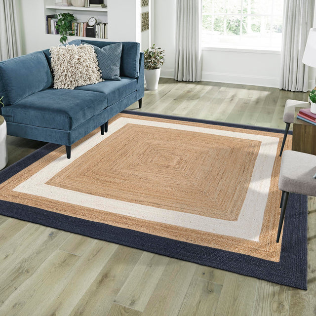 Navy Blue White Natural 7' 10 x 7' 10 Braided Jute Square Area Rug 100% Jute Hand Braided Natural Eco-Friendly Boho Style Carpet for Living Rooms Dining Office Space Dorms for Sale at Rug Engine