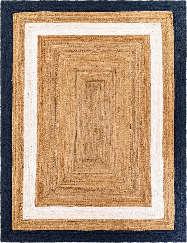 Navy Blue White Natural 9' x 12' Braided Jute Rectangle Area Rug 100% Jute Hand Braided Natural Eco-Friendly Boho Style Carpet for Living Rooms Dining Office Space Dorms for Sale at Rug Engine