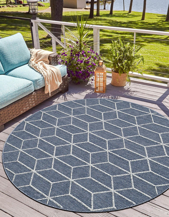 Navy Blue 5' 3 x 5' 3 Symphony Outdoor Round Area Rug Weather Resistant for Patio, Deck, Terrace, Balcony, Porch Durable Outside Carpet for Sale at Rug Engine