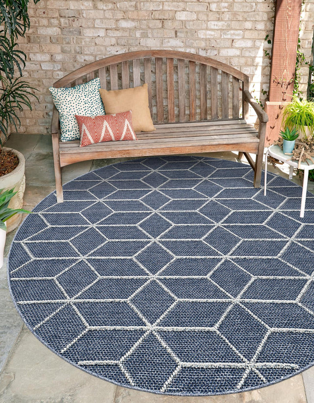 Navy Blue 7' 10 x 7' 10 Symphony Outdoor Round Area Rug Weather Resistant for Patio, Deck, Terrace, Balcony, Porch Durable Outside Carpet for Sale at Rug Engine