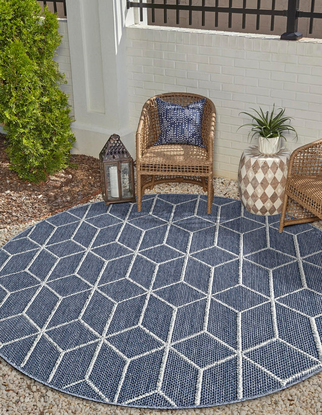 Navy Blue 3' 1 x 3' 1 Symphony Outdoor Round Area Rug Weather Resistant for Patio, Deck, Terrace, Balcony, Porch Durable Outside Carpet for Sale at Rug Engine