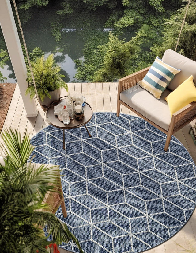 Navy Blue 3' 1 x 3' 1 Symphony Outdoor Round Area Rug Weather Resistant for Patio, Deck, Terrace, Balcony, Porch Durable Outside Carpet for Sale at Rug Engine