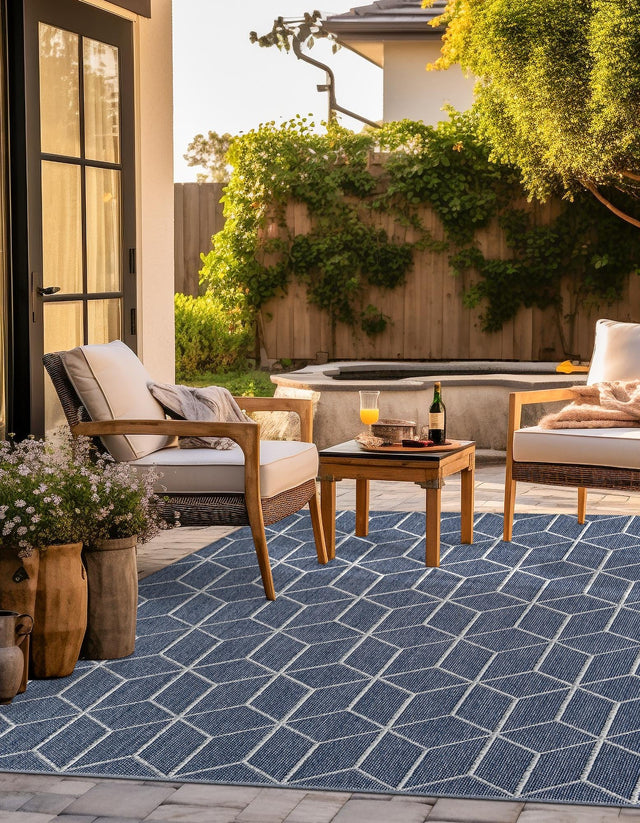 Navy Blue 7' 10 x 7' 10 Symphony Outdoor Square Area Rug Weather Resistant for Patio, Deck, Terrace, Balcony, Porch Durable Outside Carpet for Sale at Rug Engine