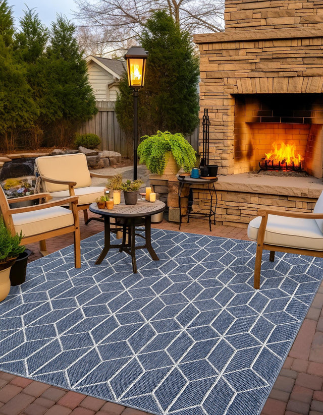 Navy Blue 7' 10 x 7' 10 Symphony Outdoor Square Area Rug Weather Resistant for Patio, Deck, Terrace, Balcony, Porch Durable Outside Carpet for Sale at Rug Engine