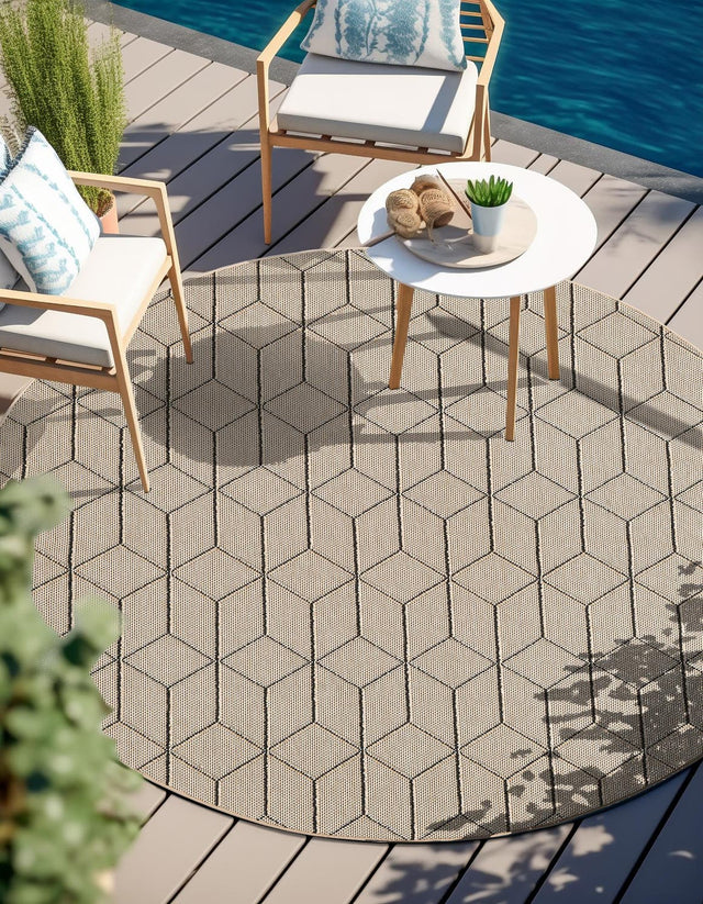 Khaki 5' 3 x 5' 3 Symphony Outdoor Round Area Rug Weather Resistant for Patio, Deck, Terrace, Balcony, Porch Durable Outside Carpet for Sale at Rug Engine