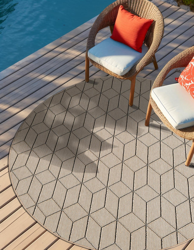 Khaki 5' 3 x 5' 3 Symphony Outdoor Round Area Rug Weather Resistant for Patio, Deck, Terrace, Balcony, Porch Durable Outside Carpet for Sale at Rug Engine