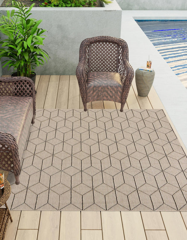 Khaki 7' 10 x 7' 10 Symphony Outdoor Square Area Rug Weather Resistant for Patio, Deck, Terrace, Balcony, Porch Durable Outside Carpet for Sale at Rug Engine