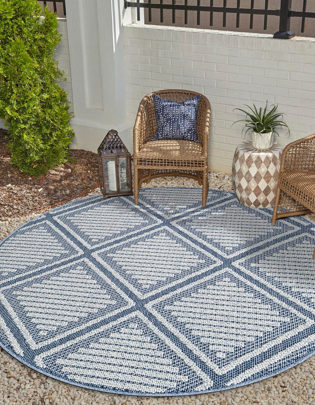 Navy Blue 5' 3 x 5' 3 Symphony Outdoor Round Area Rug Weather Resistant for Patio, Deck, Terrace, Balcony, Porch Durable Outside Carpet for Sale at Rug Engine