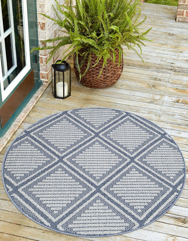 Navy Blue 5' 3 x 5' 3 Symphony Outdoor Round Area Rug Weather Resistant for Patio, Deck, Terrace, Balcony, Porch Durable Outside Carpet for Sale at Rug Engine