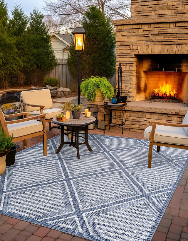 Navy Blue 7' 10 x 7' 10 Symphony Outdoor Square Area Rug Weather Resistant for Patio, Deck, Terrace, Balcony, Porch Durable Outside Carpet for Sale at Rug Engine