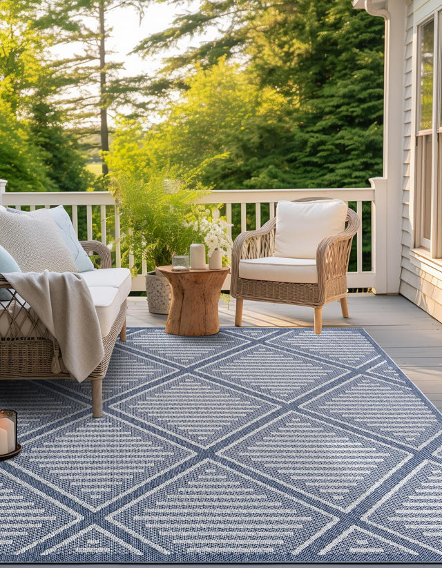 Navy Blue 7' 10 x 7' 10 Symphony Outdoor Square Area Rug Weather Resistant for Patio, Deck, Terrace, Balcony, Porch Durable Outside Carpet for Sale at Rug Engine