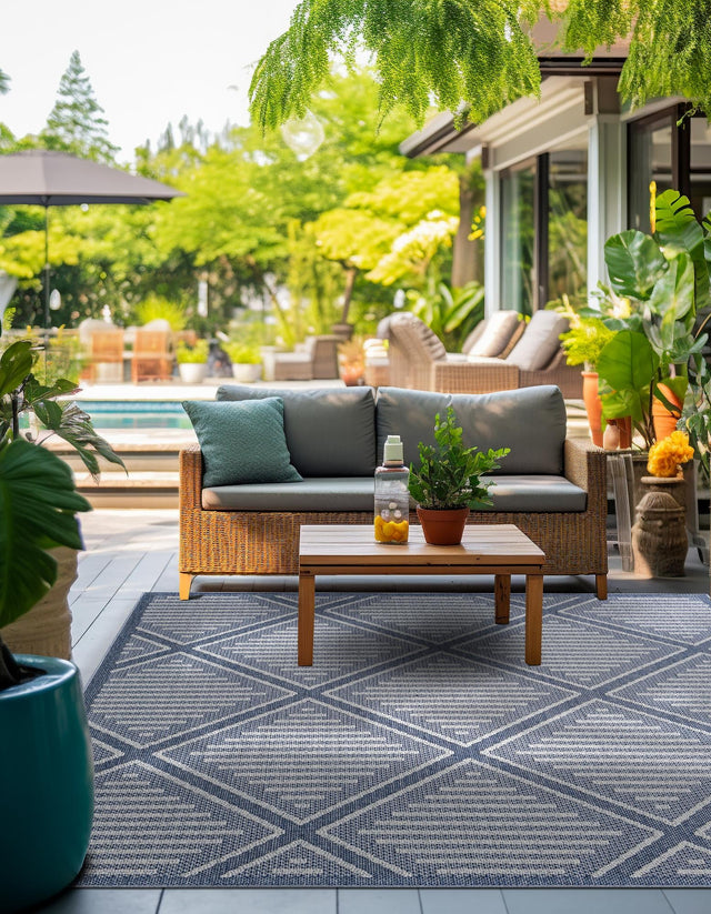 Navy Blue 7' 10 x 7' 10 Symphony Outdoor Square Area Rug Weather Resistant for Patio, Deck, Terrace, Balcony, Porch Durable Outside Carpet for Sale at Rug Engine