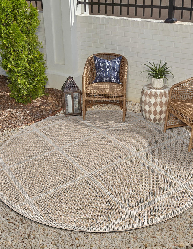 Khaki 7' 10 x 7' 10 Symphony Outdoor Round Area Rug Weather Resistant for Patio, Deck, Terrace, Balcony, Porch Durable Outside Carpet for Sale at Rug Engine
