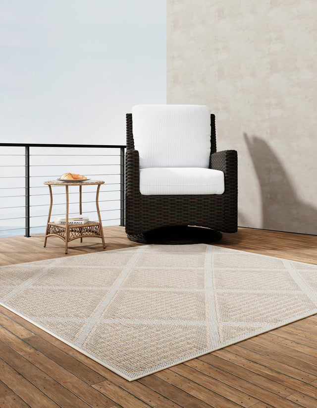 Khaki 7' 10 x 7' 10 Symphony Outdoor Square Area Rug Weather Resistant for Patio, Deck, Terrace, Balcony, Porch Durable Outside Carpet for Sale at Rug Engine
