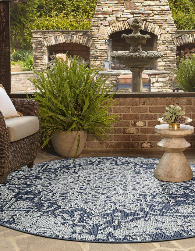 Navy Blue 5' 3 x 5' 3 Symphony Outdoor Round Area Rug Weather Resistant for Patio, Deck, Terrace, Balcony, Porch Durable Outside Carpet for Sale at Rug Engine