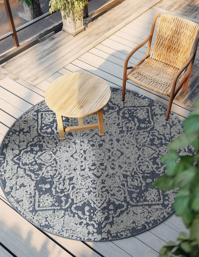 Navy Blue 3' 1 x 3' 1 Symphony Outdoor Round Area Rug Weather Resistant for Patio, Deck, Terrace, Balcony, Porch Durable Outside Carpet for Sale at Rug Engine