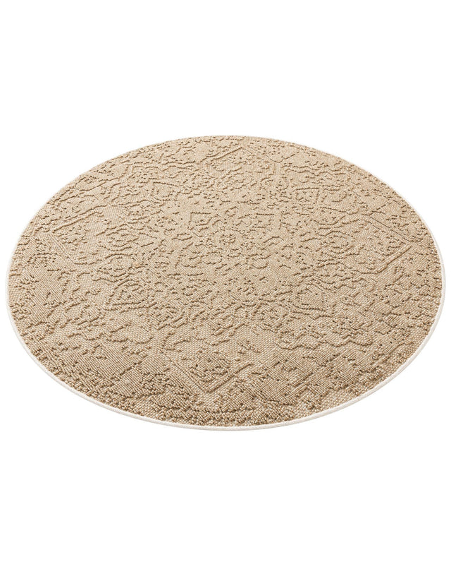 Khaki 5' 3 x 5' 3 Symphony Outdoor Round Area Rug Weather Resistant for Patio, Deck, Terrace, Balcony, Porch Durable Outside Carpet for Sale at Rug Engine