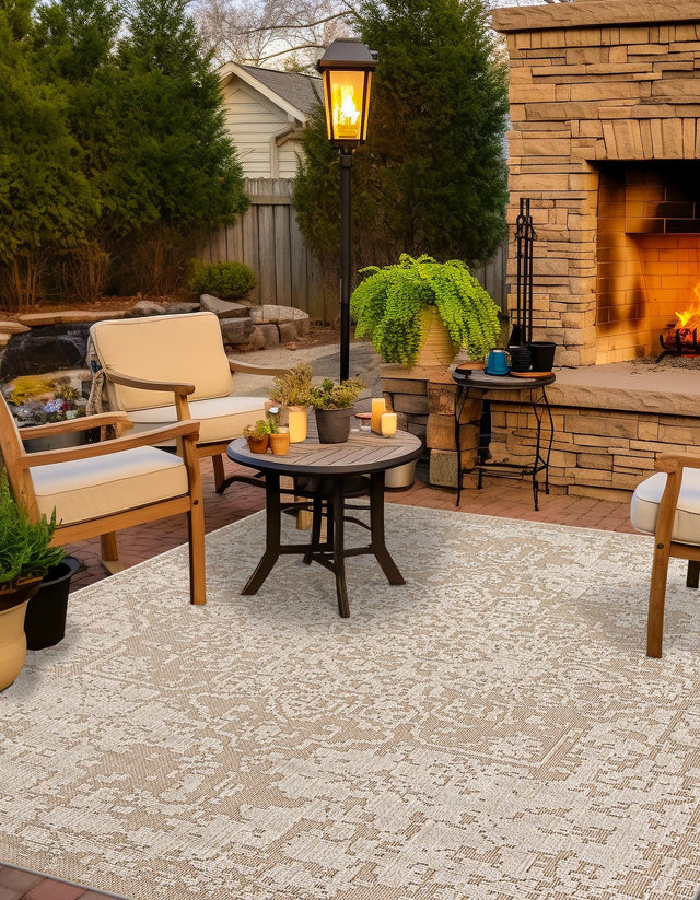 Khaki 7' 10 x 7' 10 Symphony Outdoor Square Area Rug Weather Resistant for Patio, Deck, Terrace, Balcony, Porch Durable Outside Carpet for Sale at Rug Engine