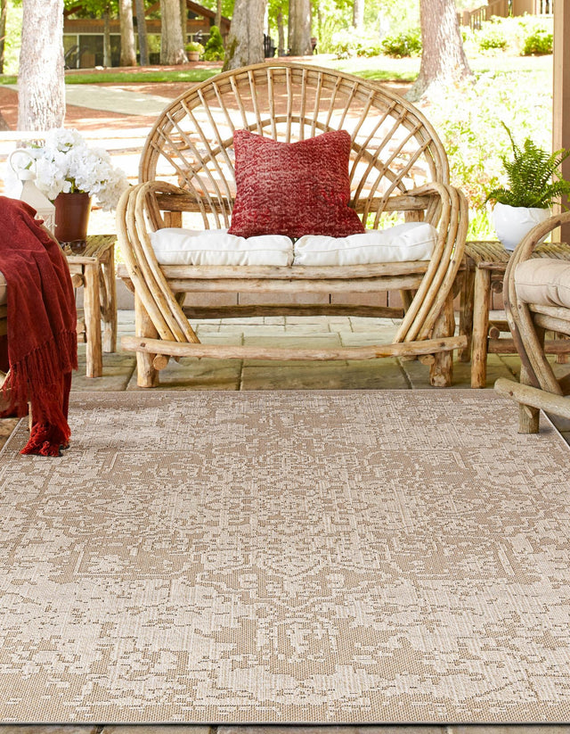 Khaki 7' 10 x 7' 10 Symphony Outdoor Square Area Rug Weather Resistant for Patio, Deck, Terrace, Balcony, Porch Durable Outside Carpet for Sale at Rug Engine