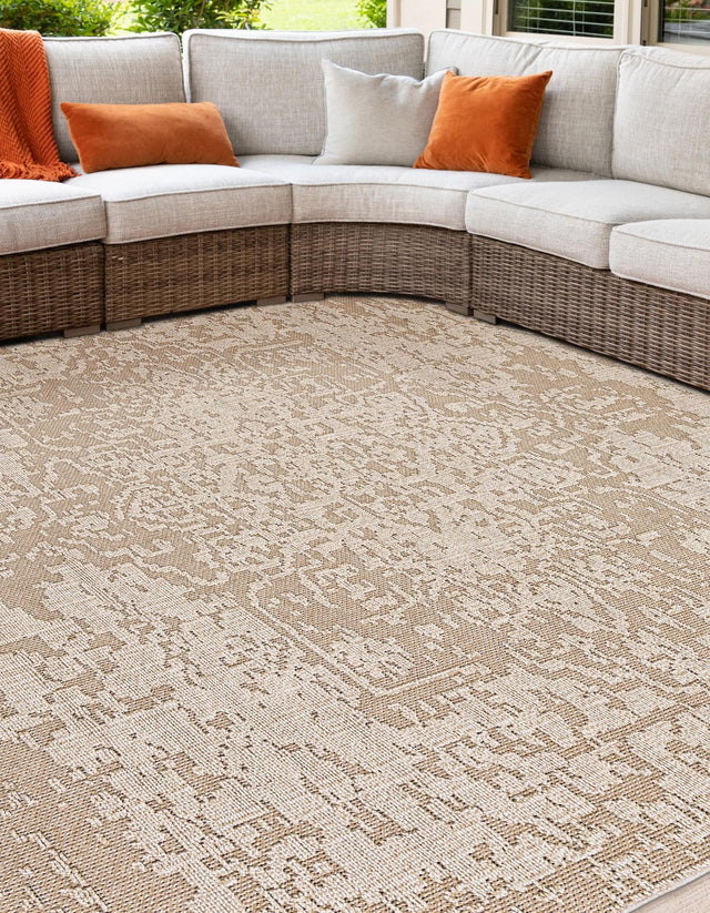 Khaki 7' 10 x 7' 10 Symphony Outdoor Square Area Rug Weather Resistant for Patio, Deck, Terrace, Balcony, Porch Durable Outside Carpet for Sale at Rug Engine