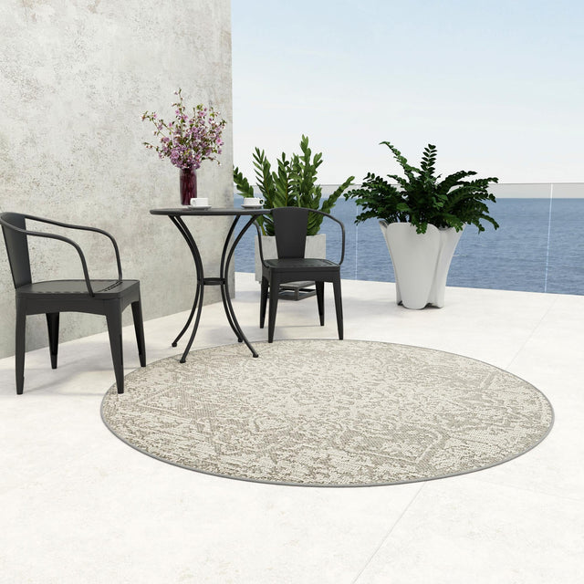Light Gray 7' 10 x 7' 10 Symphony Outdoor Round Area Rug Weather Resistant for Patio, Deck, Terrace, Balcony, Porch Durable Outside Carpet for Sale at Rug Engine
