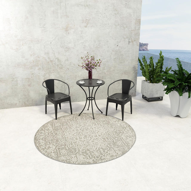 Light Gray 5' 3 x 5' 3 Symphony Outdoor Round Area Rug Weather Resistant for Patio, Deck, Terrace, Balcony, Porch Durable Outside Carpet for Sale at Rug Engine