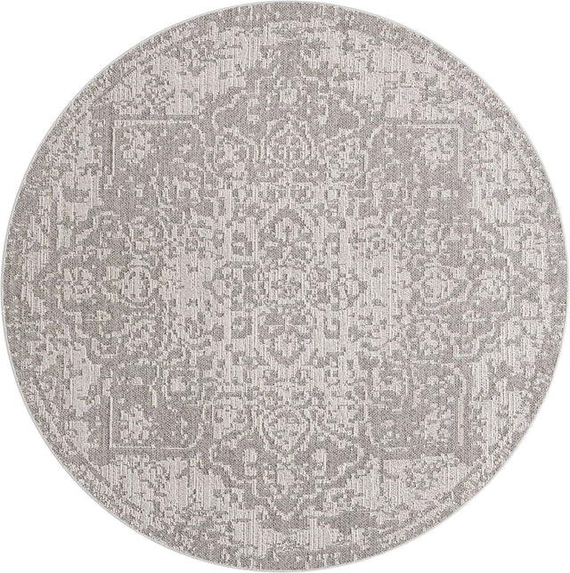 Light Gray 7' 10 x 7' 10 Symphony Outdoor Round Area Rug Weather Resistant for Patio, Deck, Terrace, Balcony, Porch Durable Outside Carpet for Sale at Rug Engine