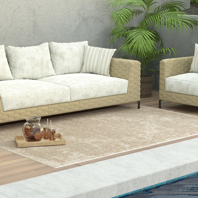 Beige 7' 10 x 10' Symphony Outdoor Rectangle Area Rug Weather Resistant for Patio, Deck, Terrace, Balcony, Porch Durable Outside Carpet for Sale at Rug Engine