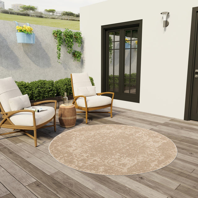 Beige 7' 10 x 7' 10 Symphony Outdoor Round Area Rug Weather Resistant for Patio, Deck, Terrace, Balcony, Porch Durable Outside Carpet for Sale at Rug Engine