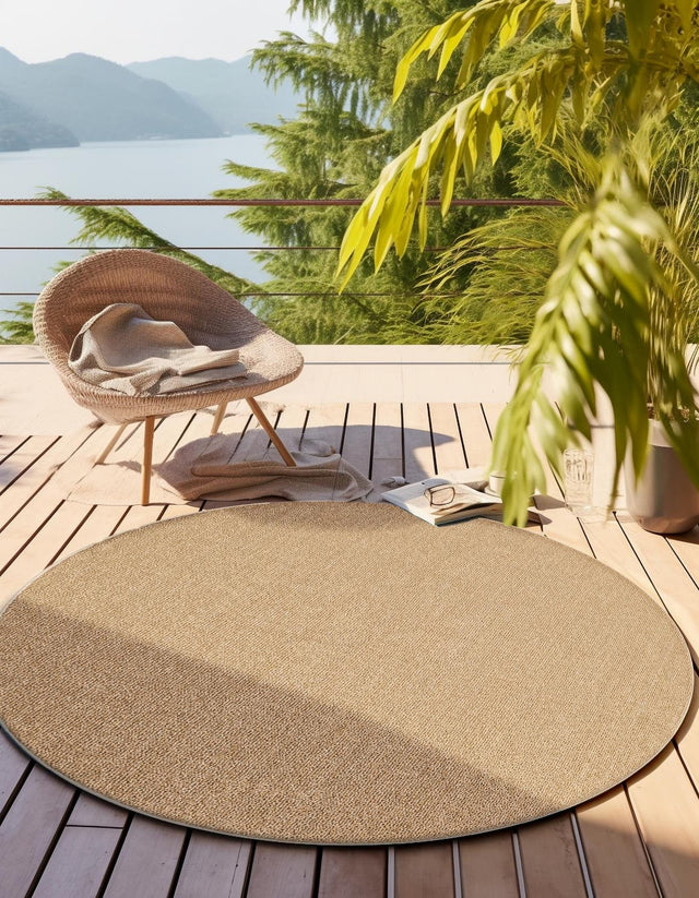Beige 7' 10 x 7' 10 Symphony Outdoor Round Area Rug Weather Resistant for Patio, Deck, Terrace, Balcony, Porch Durable Outside Carpet for Sale at Rug Engine