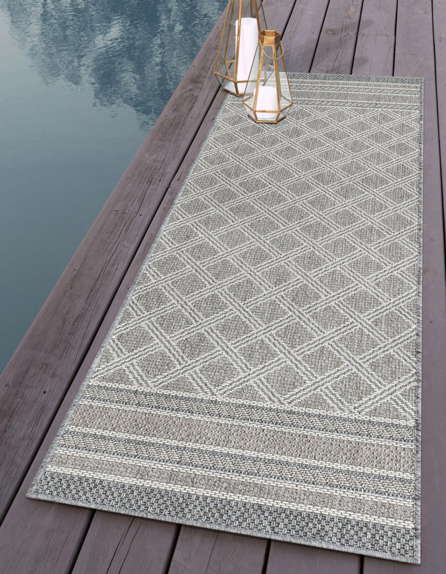 Gray 2' x 8' Outdoor Trellis Runner Area Rug Weather Resistant for Patio, Deck, Terrace, Balcony, Porch Geometric Design Water Safe Outside Carpet for Sale at Rug Engine